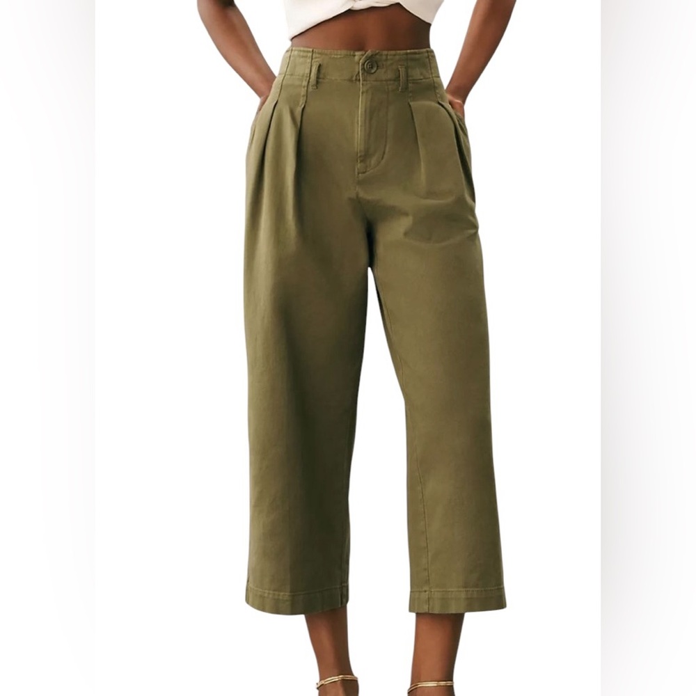 Maeve Anthropologie Khaki Sage Green Cropped Wide-Leg Pants Size 14